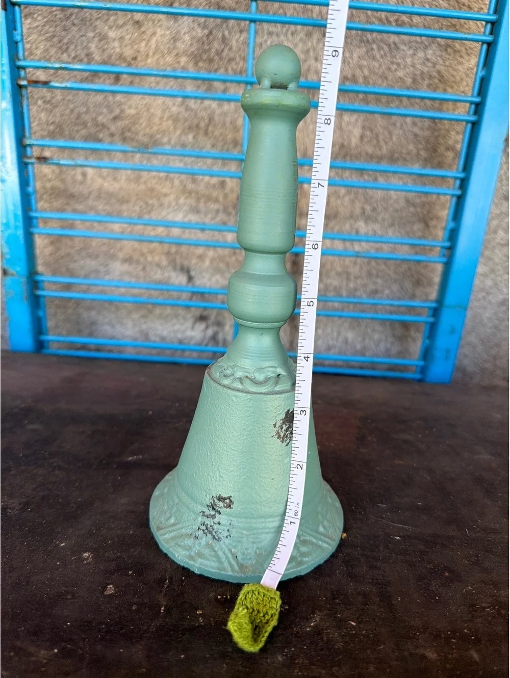 Vintage Green Cast Iron Dinner Bell with Handle